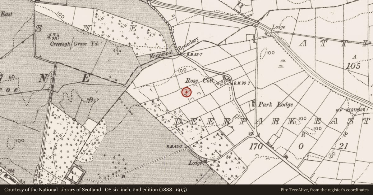 Ordnance Survey six-inch map, 2nd edition (1888–1915) covering the location of Enclosure, Deerpark East, County Mayo, with a pin at the register's coordinates