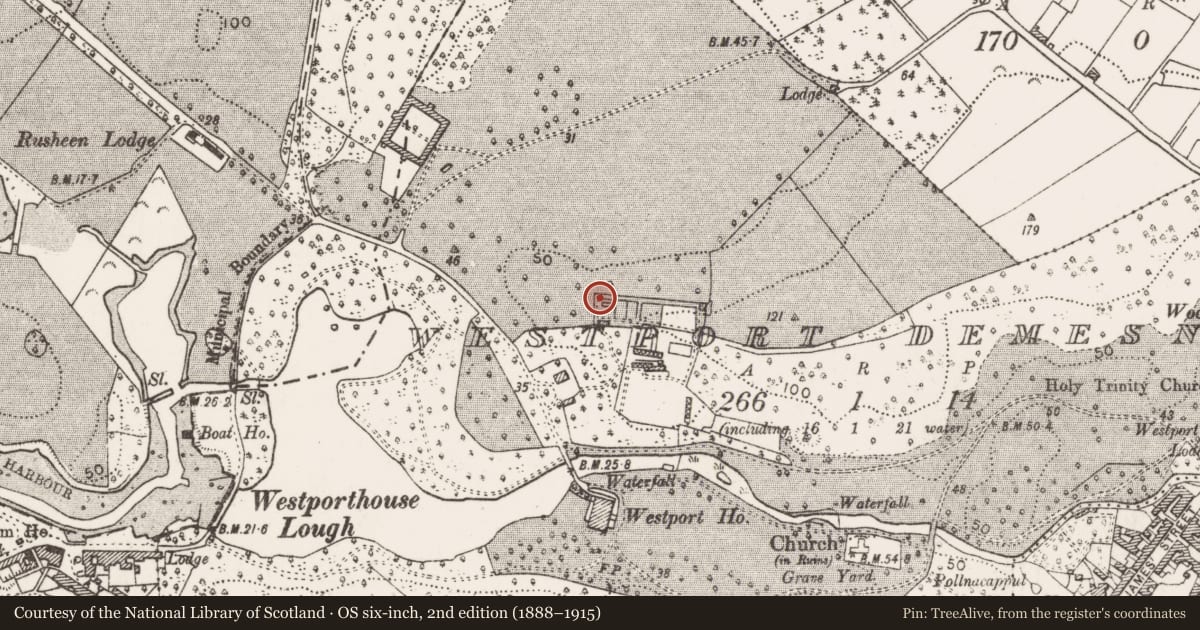 Ordnance Survey six-inch map, 2nd edition (1888–1915) covering the location of Souterrain, Westport Demesne, County Mayo, with a pin at the register's coordinates