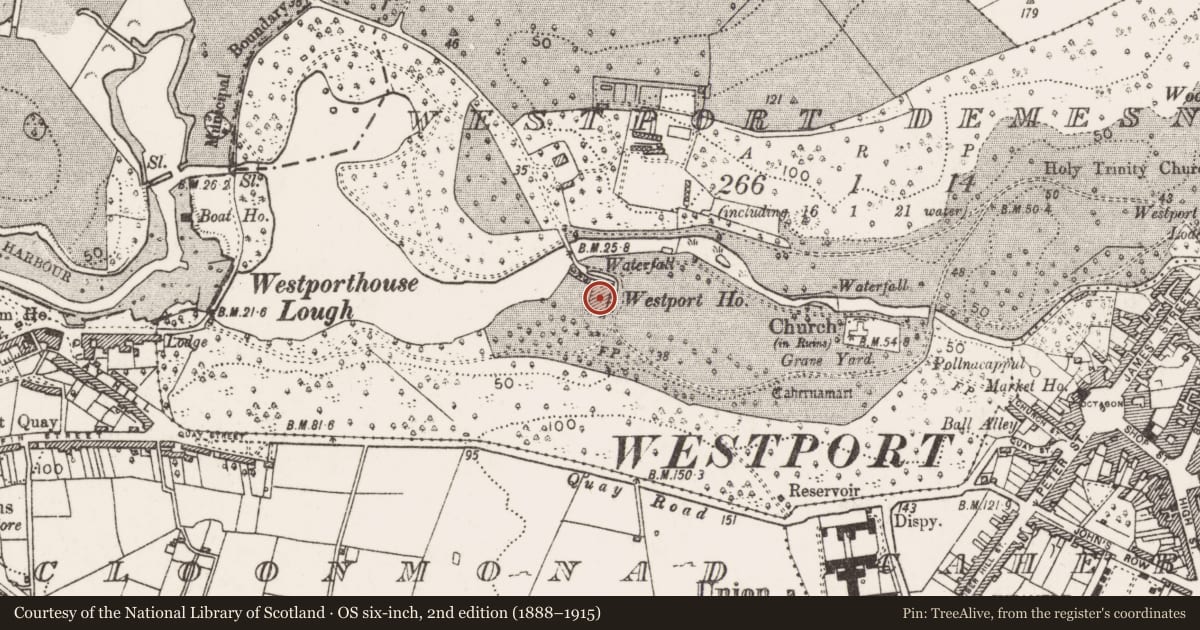 Ordnance Survey six-inch map, 2nd edition (1888–1915) covering the location of Castle - unclassified, Westport Demesne, County Mayo, with a pin at the register's coordinates