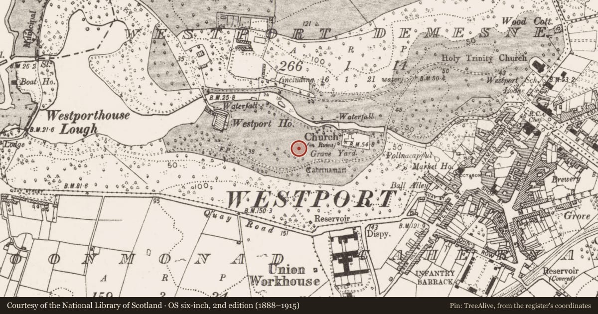Ordnance Survey six-inch map, 2nd edition (1888–1915) covering the location of Settlement cluster, Westport Demesne, County Mayo, with a pin at the register's coordinates