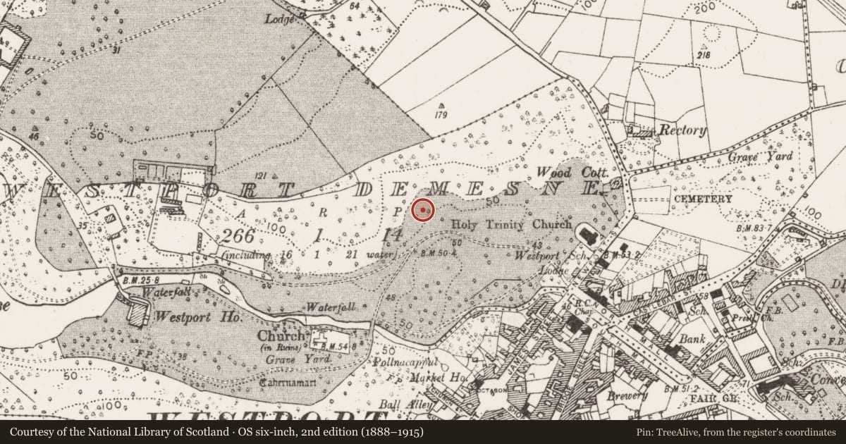 Ordnance Survey six-inch map, 2nd edition (1888–1915) covering the location of Enclosure, Westport Demesne, County Mayo, with a pin at the register's coordinates