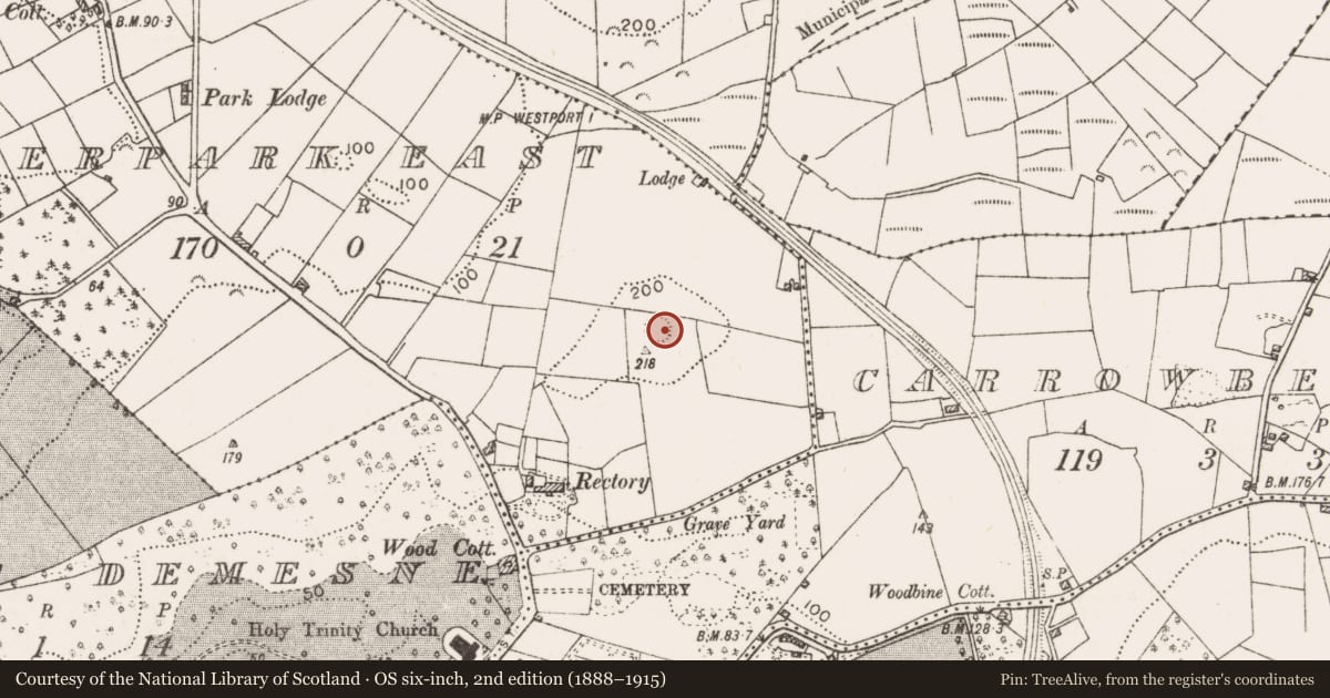 Ordnance Survey six-inch map, 2nd edition (1888–1915) covering the location of Enclosure, Deerpark East, County Mayo, with a pin at the register's coordinates