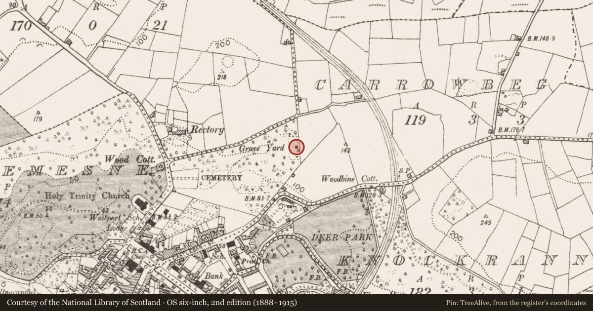 Ordnance Survey six-inch map, 2nd edition (1888–1915) covering the location of Burial ground, Carrowbeg, County Mayo, with a pin at the register's coordinates