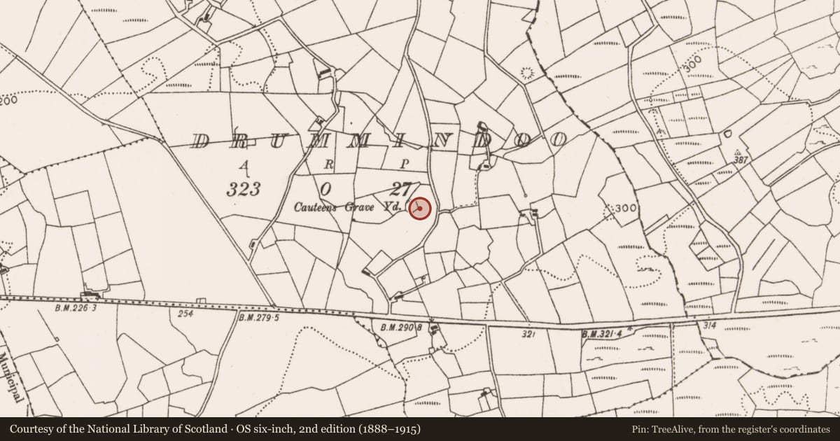 Ordnance Survey six-inch map, 2nd edition (1888–1915) covering the location of Children's burial ground, Drummindoo, County Mayo, with a pin at the register's coordinates