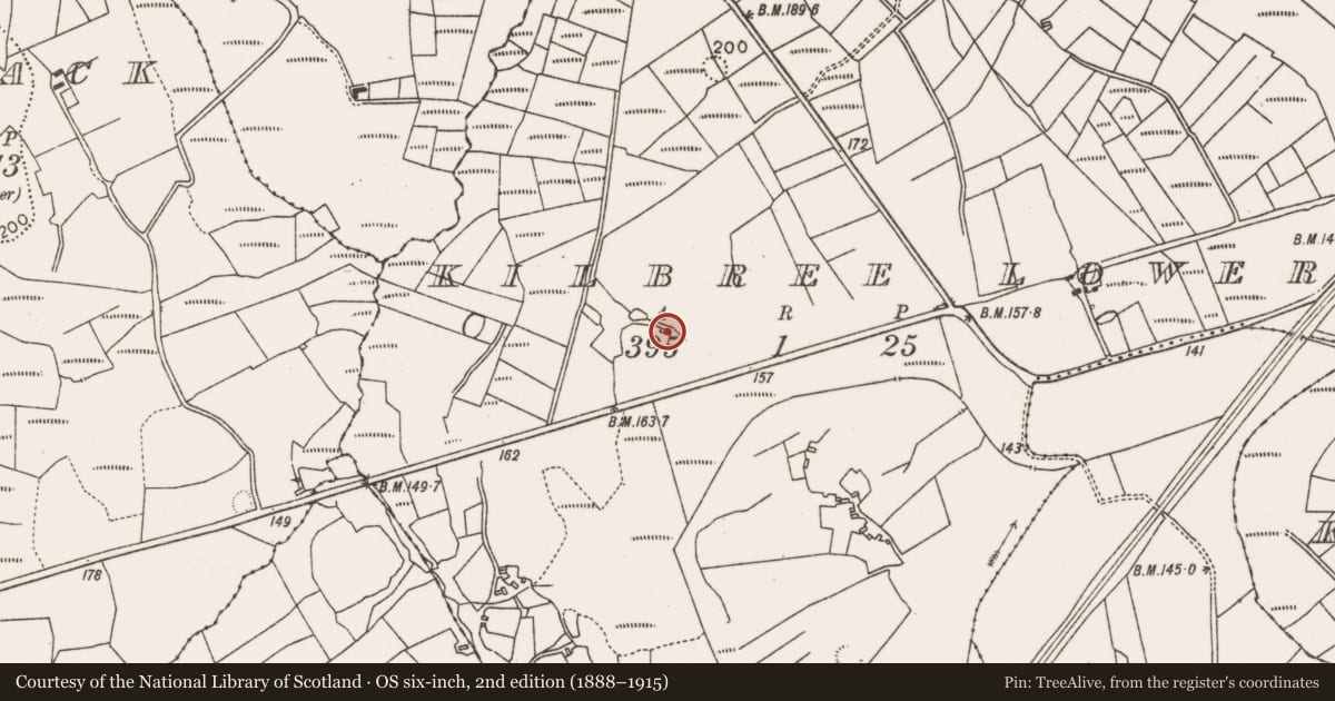 Ordnance Survey six-inch map, 2nd edition (1888–1915) covering the location of Burial, Kilbree Lower, County Mayo, with a pin at the register's coordinates