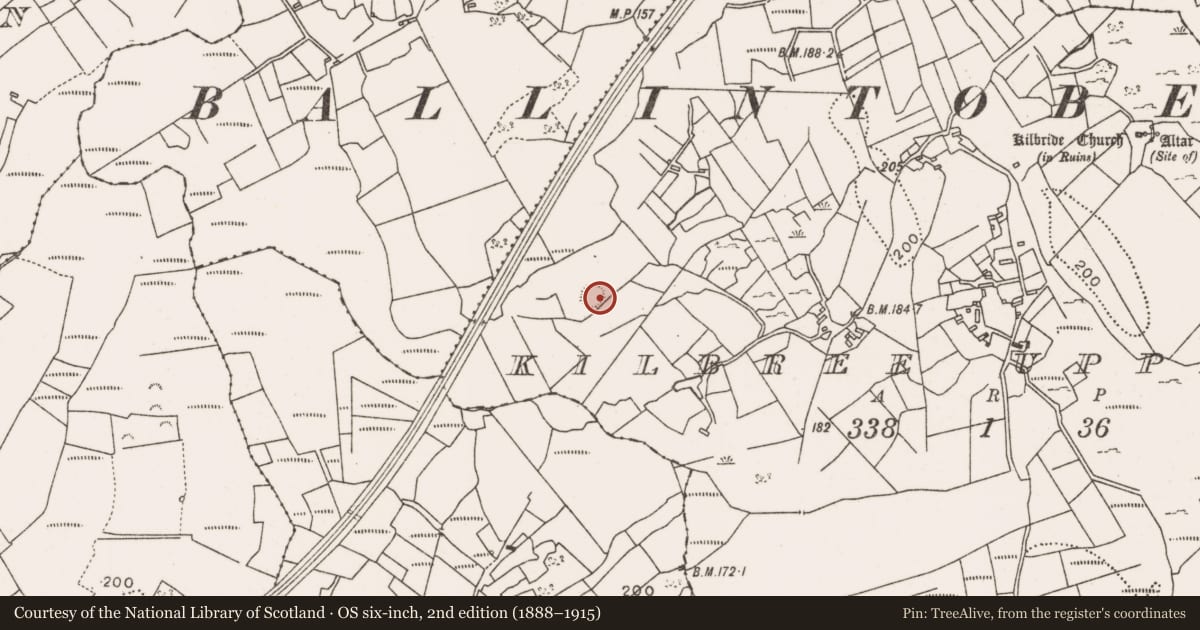 Ordnance Survey six-inch map, 2nd edition (1888–1915) covering the location of Enclosure, Kilbree Upper, County Mayo, with a pin at the register's coordinates