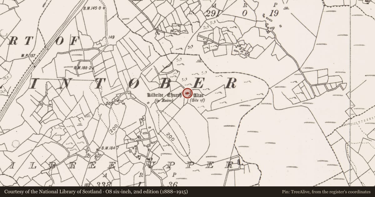 Ordnance Survey six-inch map, 2nd edition (1888–1915) covering the location of Church, Kilbree Upper, County Mayo, with a pin at the register's coordinates