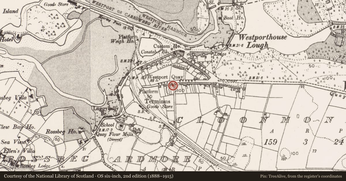 Ordnance Survey six-inch map, 2nd edition (1888–1915) covering the location of Enclosure, Cloonmonad, County Mayo, with a pin at the register's coordinates
