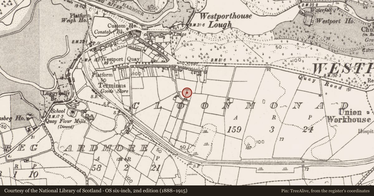 Ordnance Survey six-inch map, 2nd edition (1888–1915) covering the location of Ringfort - rath, Cloonmonad, County Mayo, with a pin at the register's coordinates