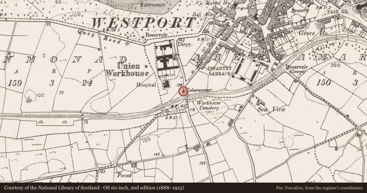 Ordnance Survey six-inch map, 2nd edition (1888–1915) covering the location of Ritual site - holy well, Cahernamart, County Mayo, with a pin at the register's coordinates