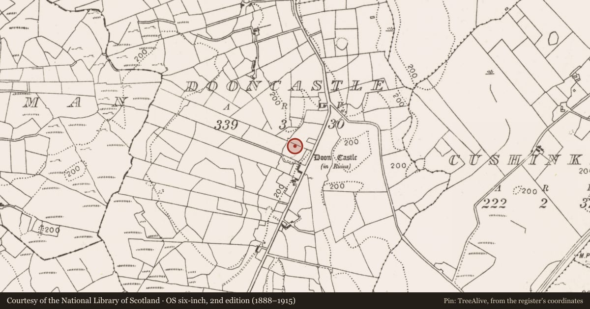 Ordnance Survey six-inch map, 2nd edition (1888–1915) covering the location of Souterrain, Dooncastle, County Mayo, with a pin at the register's coordinates
