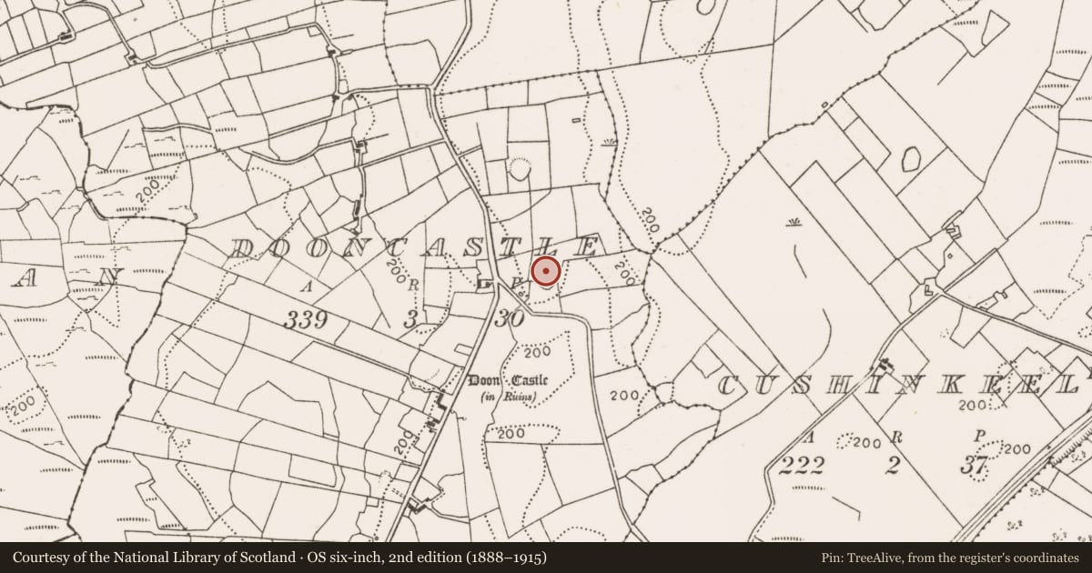 Ordnance Survey six-inch map, 2nd edition (1888–1915) covering the location of Enclosure, Dooncastle, County Mayo, with a pin at the register's coordinates