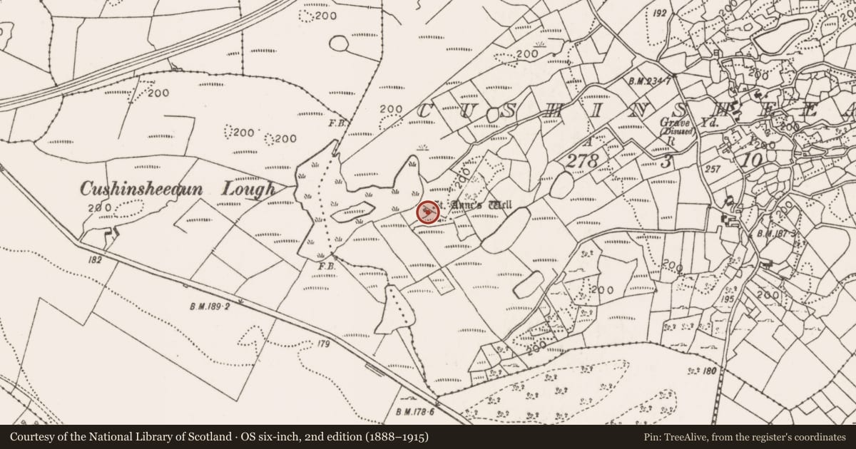 Ordnance Survey six-inch map, 2nd edition (1888–1915) covering the location of Ritual site - holy well, Cushinsheeaun, County Mayo, with a pin at the register's coordinates