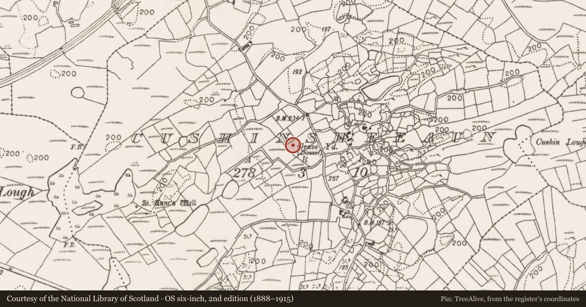 Ordnance Survey six-inch map, 2nd edition (1888–1915) covering the location of Enclosure, Cushinsheeaun, County Mayo, with a pin at the register's coordinates