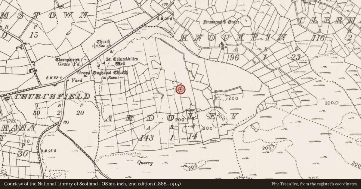Ordnance Survey six-inch map, 2nd edition (1888–1915) covering the location of Enclosure, Ardoley, County Mayo, with a pin at the register's coordinates
