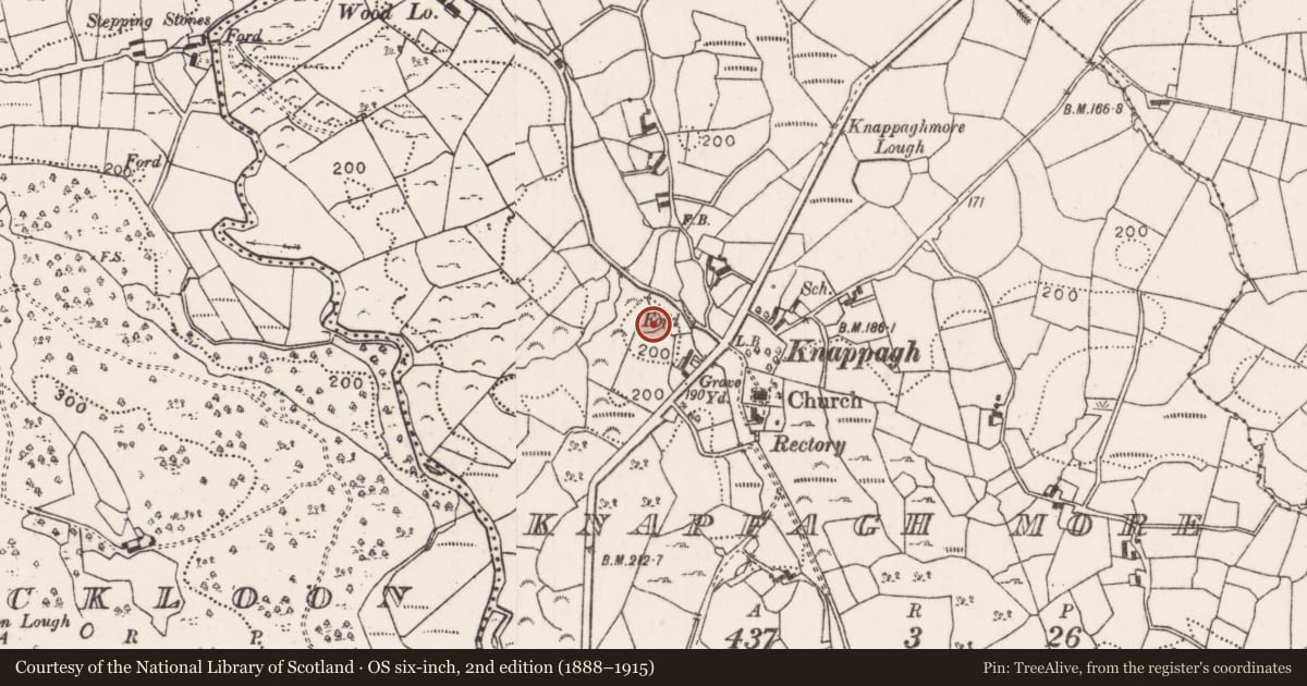 Ordnance Survey six-inch map, 2nd edition (1888–1915) covering the location of Ringfort - unclassified, Knappagh More, County Mayo, with a pin at the register's coordinates