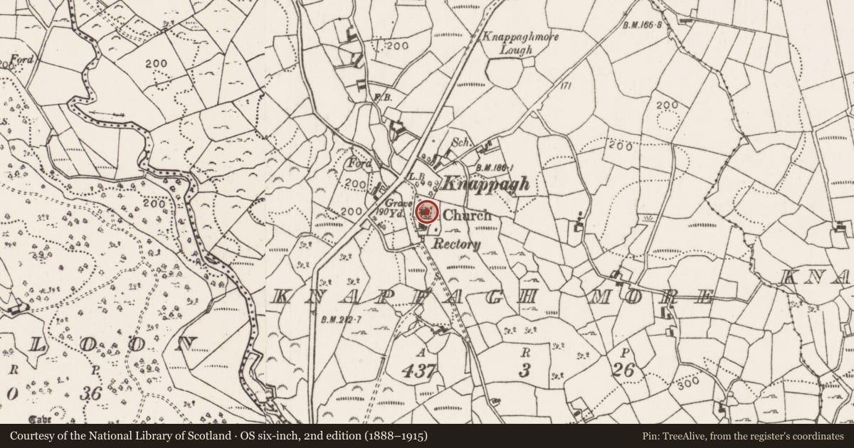 Ordnance Survey six-inch map, 2nd edition (1888–1915) covering the location of Standing stone (present location), Knappagh More, County Mayo, with a pin at the register's coordinates