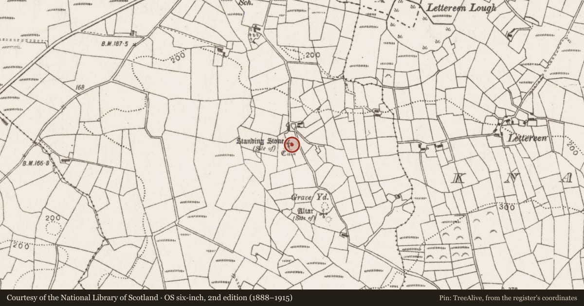 Ordnance Survey six-inch map, 2nd edition (1888–1915) covering the location of Standing stone, Knappaghmanagh, County Mayo, with a pin at the register's coordinates