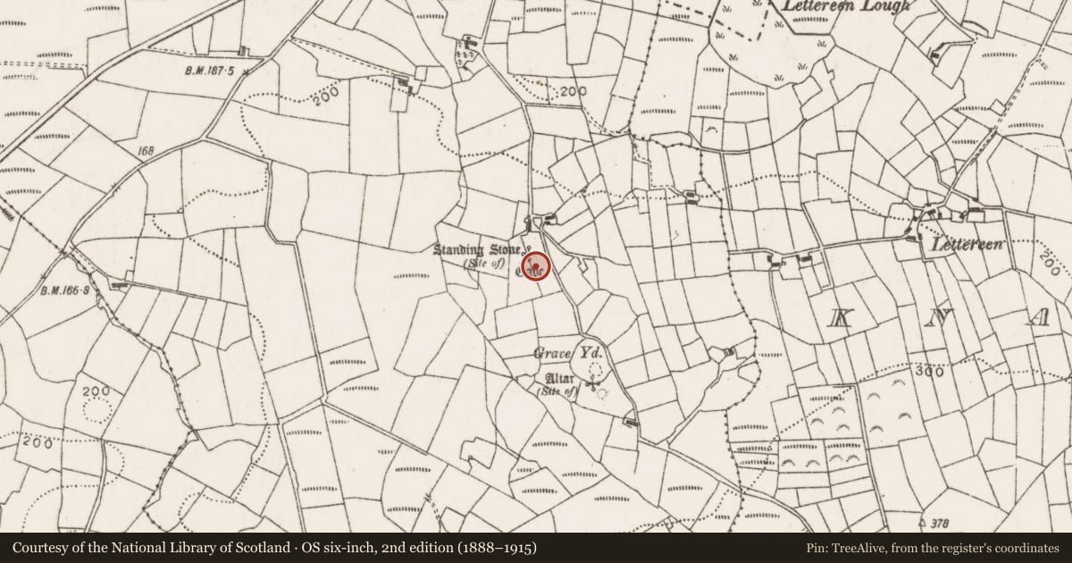 Ordnance Survey six-inch map, 2nd edition (1888–1915) covering the location of Souterrain, Knappaghmanagh, County Mayo, with a pin at the register's coordinates