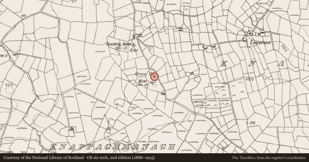 Ordnance Survey six-inch map, 2nd edition (1888–1915) covering the location of Ecclesiastical enclosure, Knappaghmanagh, County Mayo, with a pin at the register's coordinates
