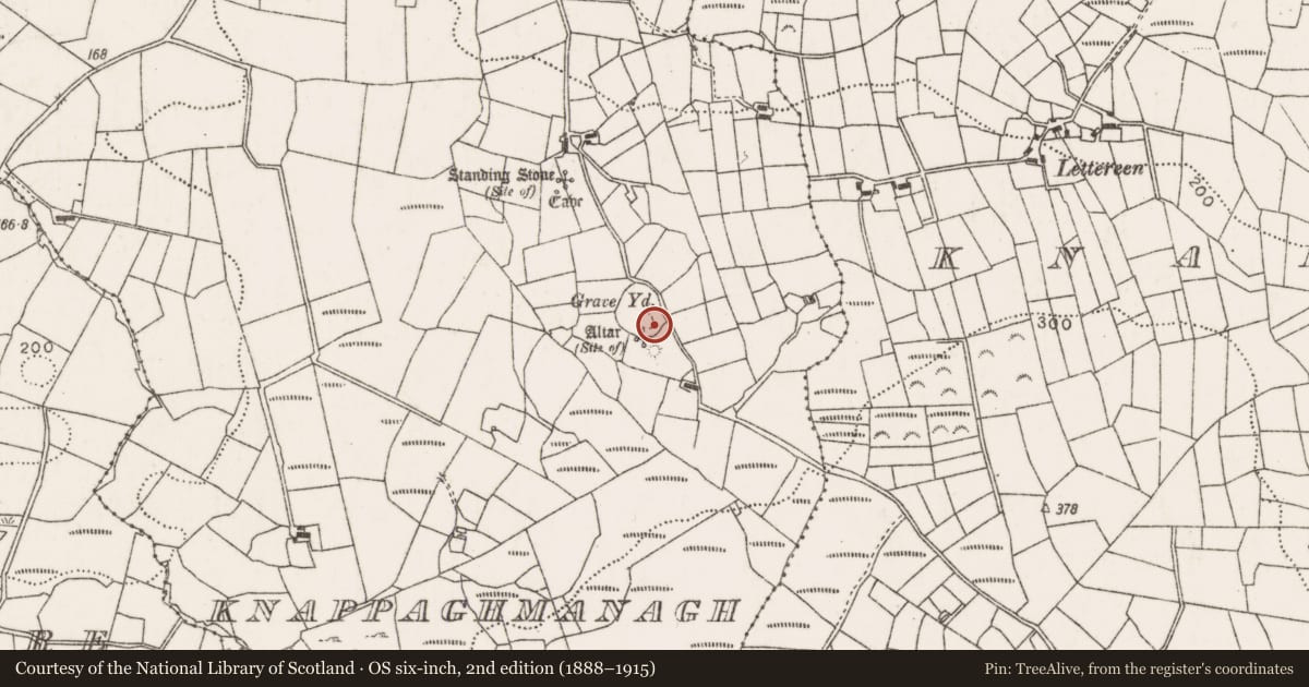 Ordnance Survey six-inch map, 2nd edition (1888–1915) covering the location of Children's burial ground, Knappaghmanagh, County Mayo, with a pin at the register's coordinates