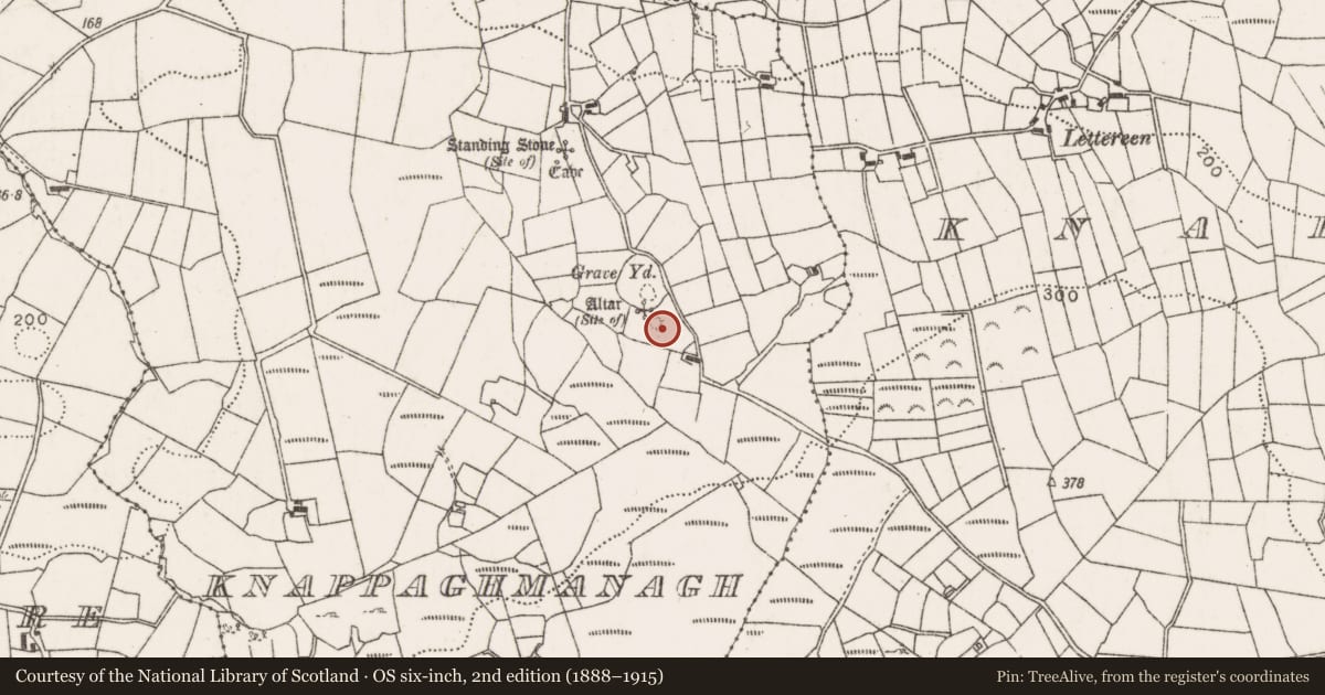 Ordnance Survey six-inch map, 2nd edition (1888–1915) covering the location of Earthwork, Knappaghmanagh, County Mayo, with a pin at the register's coordinates