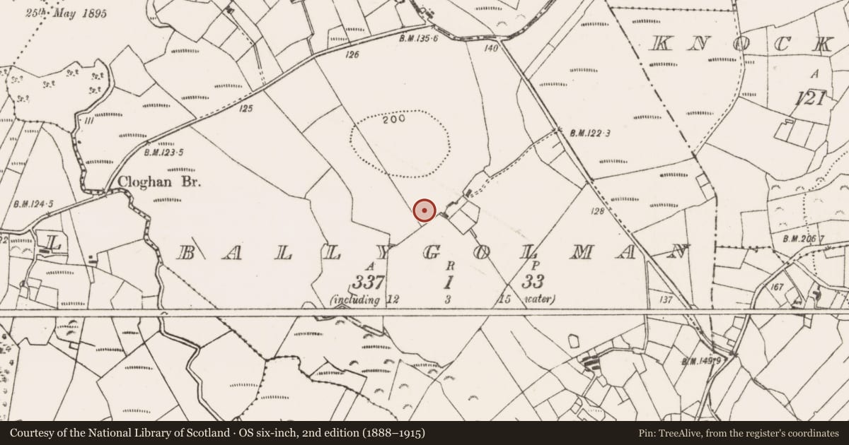 Ordnance Survey six-inch map, 2nd edition (1888–1915) covering the location of Enclosure, Ballygolman, County Mayo, with a pin at the register's coordinates