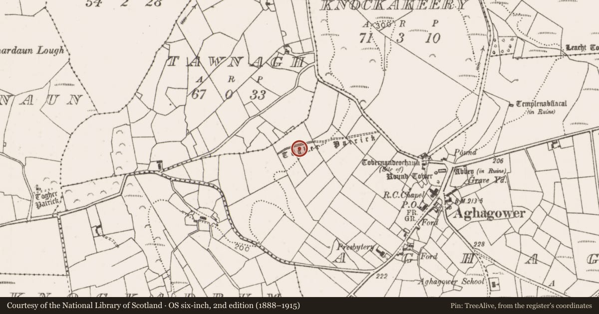 Ordnance Survey six-inch map, 2nd edition (1888–1915) covering the location of Road - road/trackway, County Mayo, with a pin at the register's coordinates
