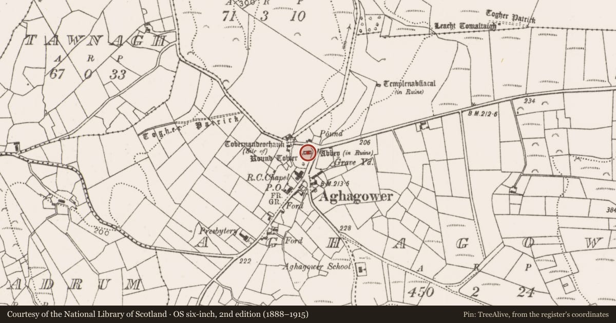 Ordnance Survey six-inch map, 2nd edition (1888–1915) covering the location of Religious house - unclassified, Aghagower, County Mayo, with a pin at the register's coordinates
