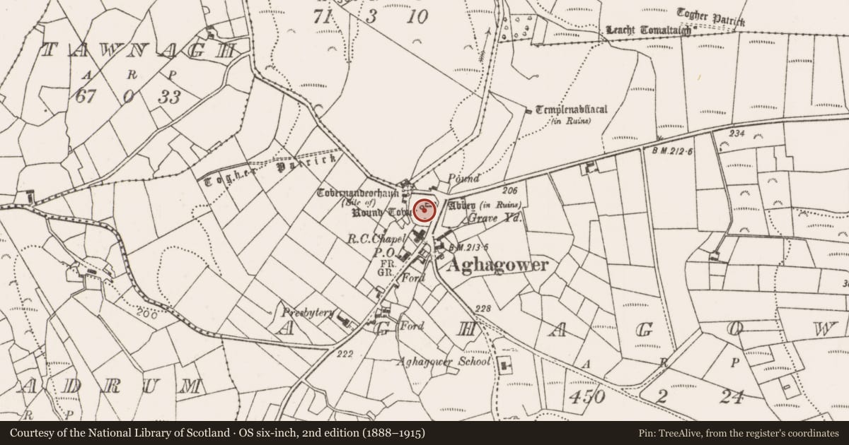 Ordnance Survey six-inch map, 2nd edition (1888–1915) covering the location of Graveyard, Aghagower, County Mayo, with a pin at the register's coordinates