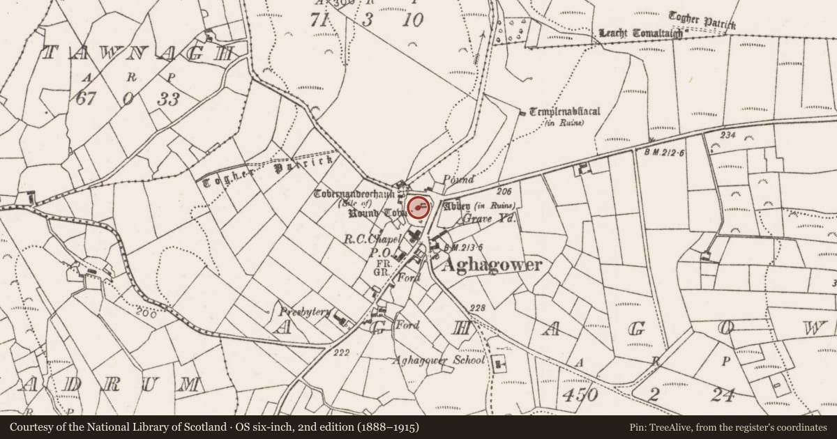 Ordnance Survey six-inch map, 2nd edition (1888–1915) covering the location of Round tower, Aghagower, County Mayo, with a pin at the register's coordinates