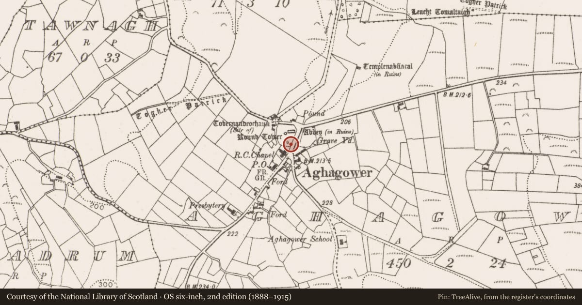 Ordnance Survey six-inch map, 2nd edition (1888–1915) covering the location of Penitential station, Aghagower, County Mayo, with a pin at the register's coordinates