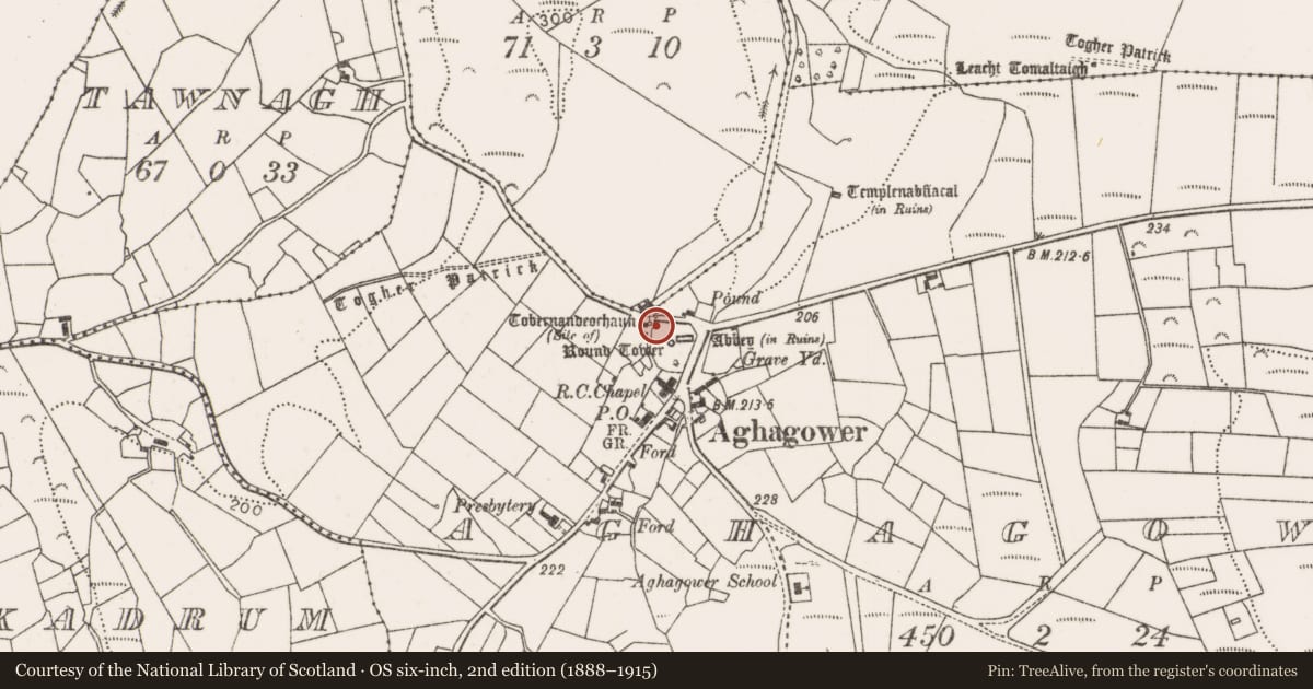 Ordnance Survey six-inch map, 2nd edition (1888–1915) covering the location of Ritual site - holy well, Aghagower, County Mayo, with a pin at the register's coordinates