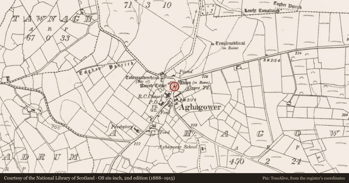 Ordnance Survey six-inch map, 2nd edition (1888–1915) covering the location of Ecclesiastical enclosure, Aghagower, County Mayo, with a pin at the register's coordinates