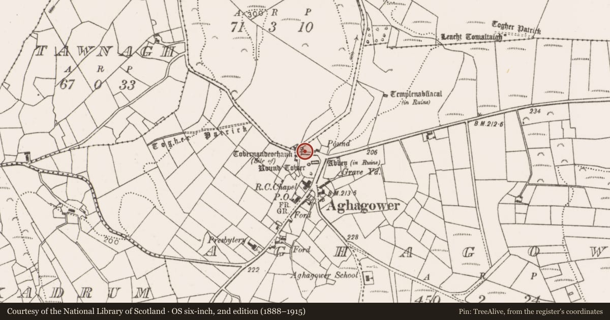 Ordnance Survey six-inch map, 2nd edition (1888–1915) covering the location of Sheela-na-gig, Aghagower, County Mayo, with a pin at the register's coordinates