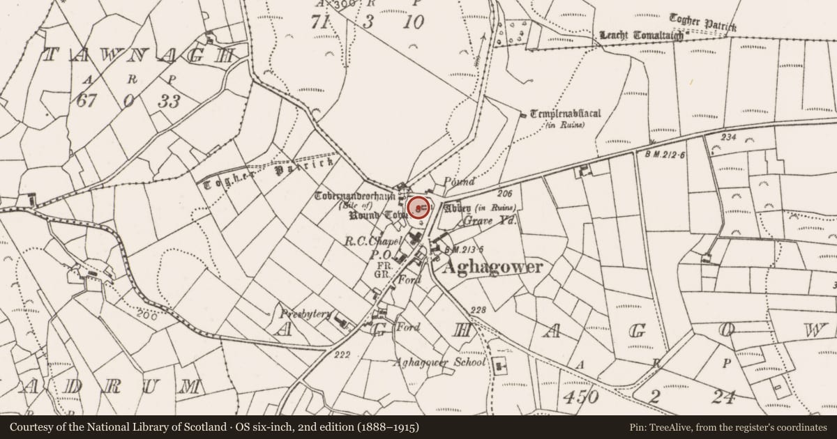 Ordnance Survey six-inch map, 2nd edition (1888–1915) covering the location of Bullaun stone, Aghagower, County Mayo, with a pin at the register's coordinates