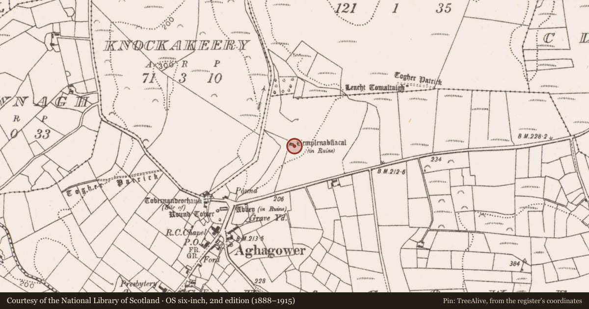 Ordnance Survey six-inch map, 2nd edition (1888–1915) covering the location of Church, Aghagower, County Mayo, with a pin at the register's coordinates