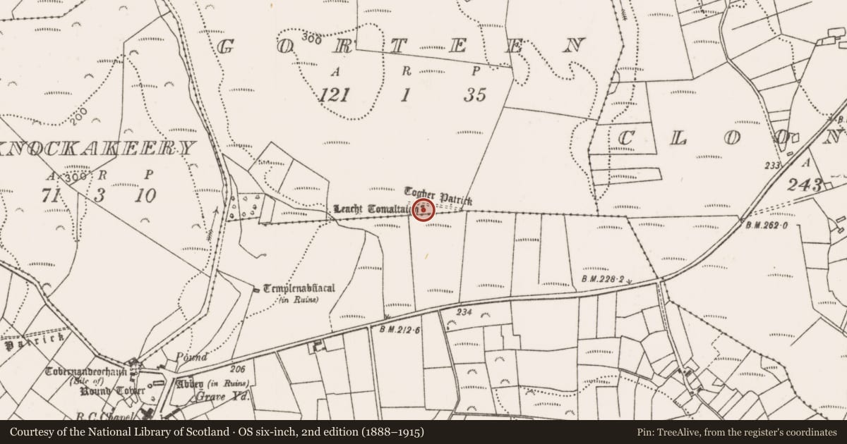 Ordnance Survey six-inch map, 2nd edition (1888–1915) covering the location of Monumental structure, Gorteen (Burrishoole By., Aghagower Par.), County Mayo, with a pin at the register's coordinates