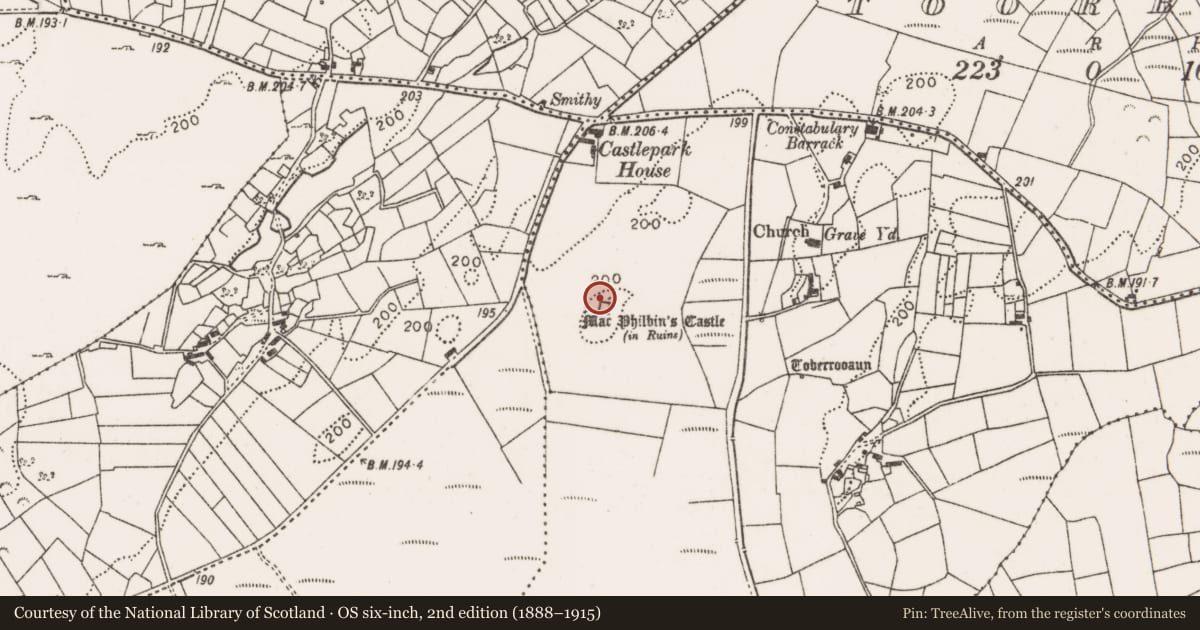 Ordnance Survey six-inch map, 2nd edition (1888–1915) covering the location of Castle - tower house, Toberrooaun, County Mayo, with a pin at the register's coordinates
