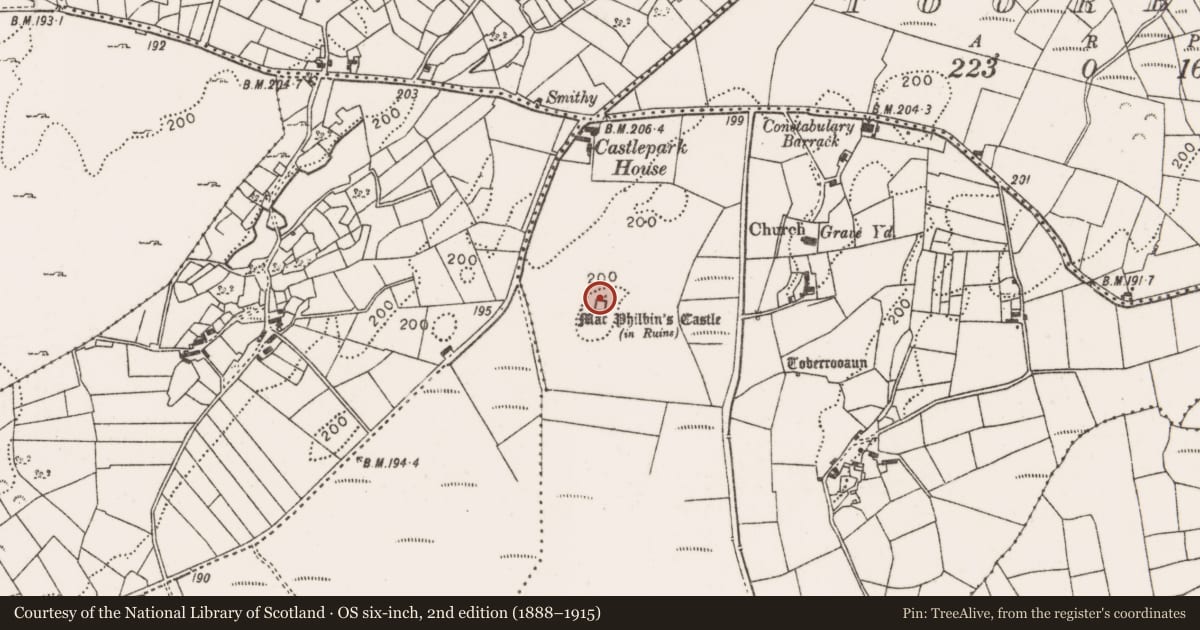 Ordnance Survey six-inch map, 2nd edition (1888–1915) covering the location of Bawn, Toberrooaun, County Mayo, with a pin at the register's coordinates