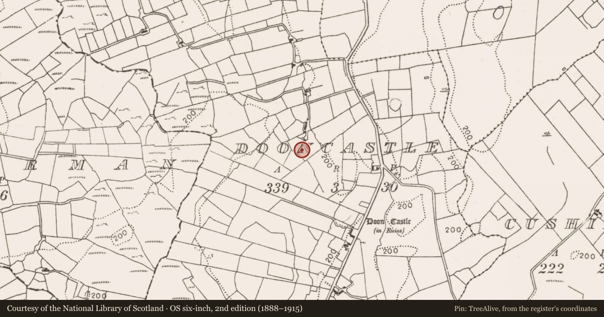 Ordnance Survey six-inch map, 2nd edition (1888–1915) covering the location of Earthwork, Dooncastle, County Mayo, with a pin at the register's coordinates