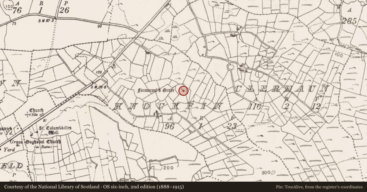 Ordnance Survey six-inch map, 2nd edition (1888–1915) covering the location of Enclosure, Knockfin, County Mayo, with a pin at the register's coordinates