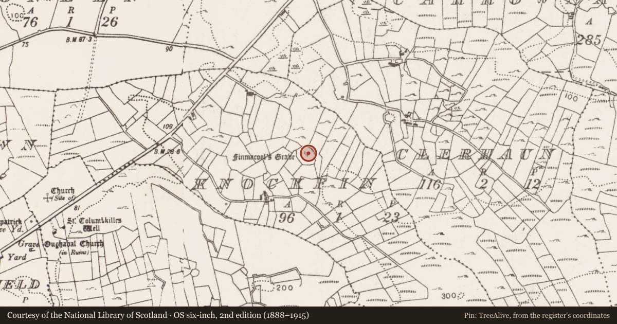 Ordnance Survey six-inch map, 2nd edition (1888–1915) covering the location of Enclosure, Knockfin, County Mayo, with a pin at the register's coordinates