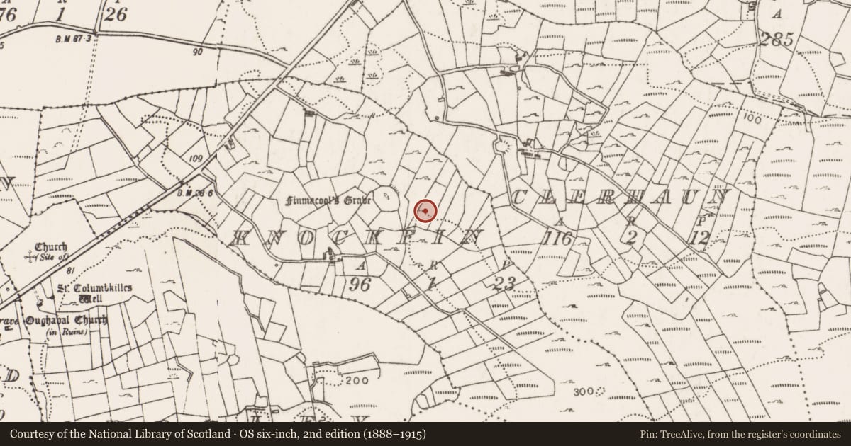 Ordnance Survey six-inch map, 2nd edition (1888–1915) covering the location of Enclosure, Knockfin, County Mayo, with a pin at the register's coordinates