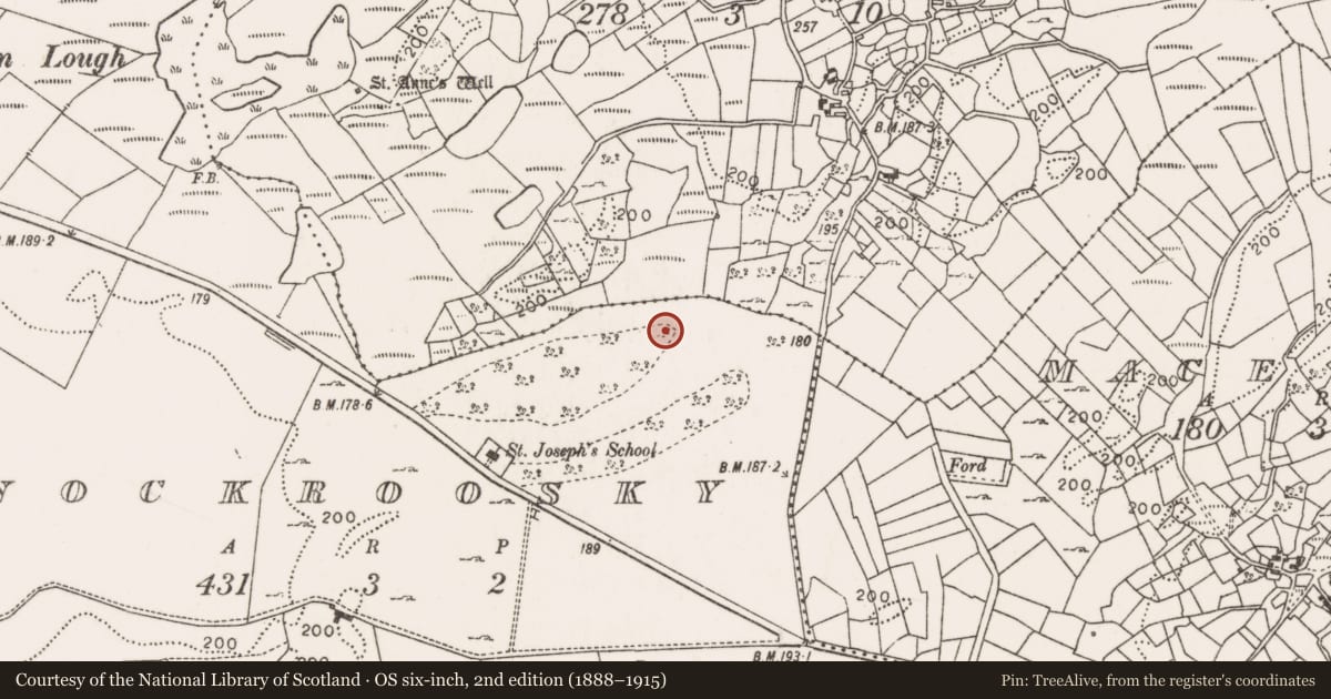 Ordnance Survey six-inch map, 2nd edition (1888–1915) covering the location of Boulder-burial, Knockroosky, County Mayo, with a pin at the register's coordinates