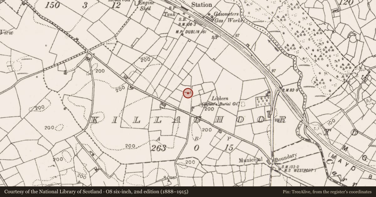 Ordnance Survey six-inch map, 2nd edition (1888–1915) covering the location of Standing stone, Killaghoor, County Mayo, with a pin at the register's coordinates