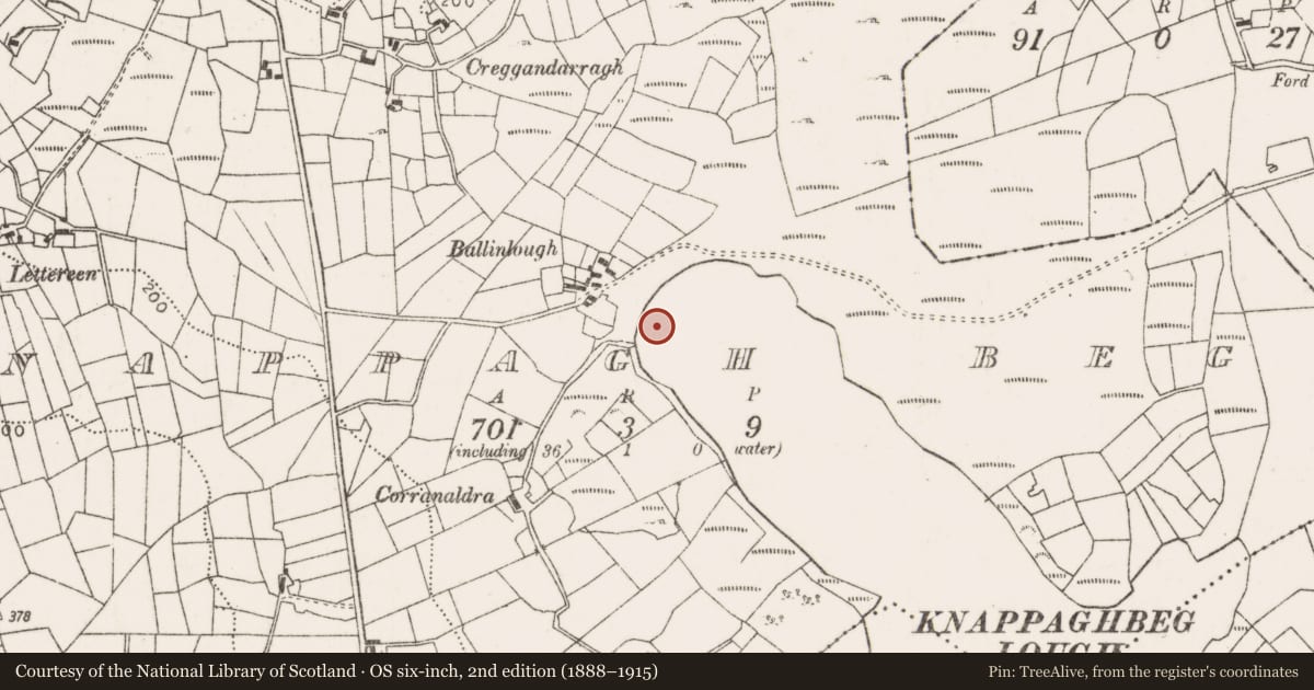 Ordnance Survey six-inch map, 2nd edition (1888–1915) covering the location of Crannog, Knappagh Beg, County Mayo, with a pin at the register's coordinates