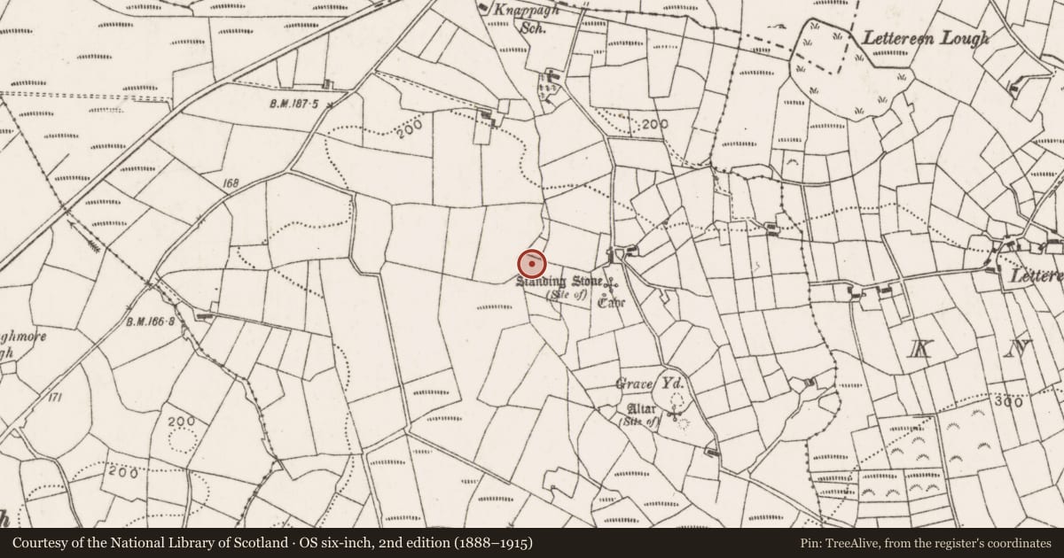 Ordnance Survey six-inch map, 2nd edition (1888–1915) covering the location of Fulacht fia, Knappaghmanagh, County Mayo, with a pin at the register's coordinates