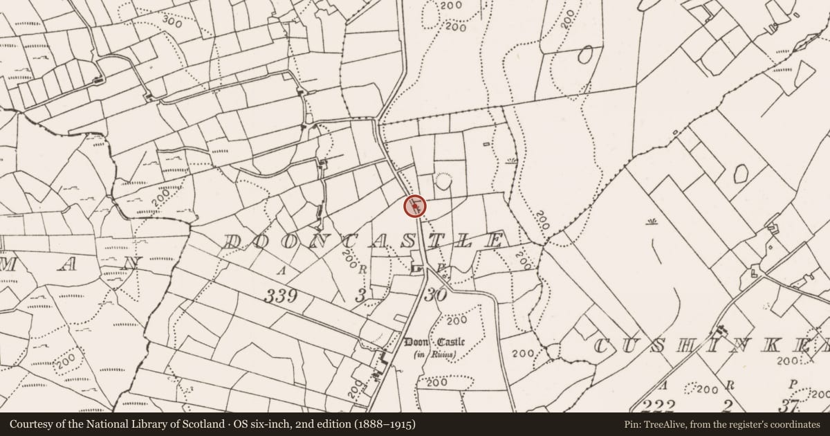 Ordnance Survey six-inch map, 2nd edition (1888–1915) covering the location of Burnt mound, Dooncastle, County Mayo, with a pin at the register's coordinates