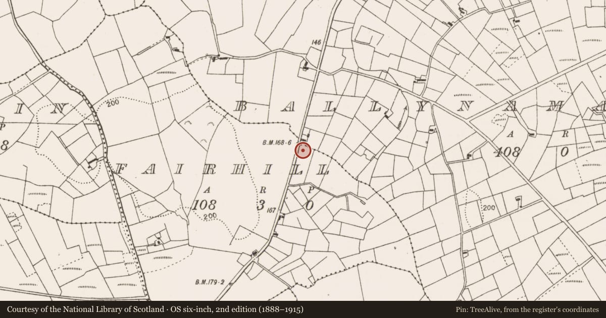 Ordnance Survey six-inch map, 2nd edition (1888–1915) covering the location of Enclosure, Fairhill, County Mayo, with a pin at the register's coordinates